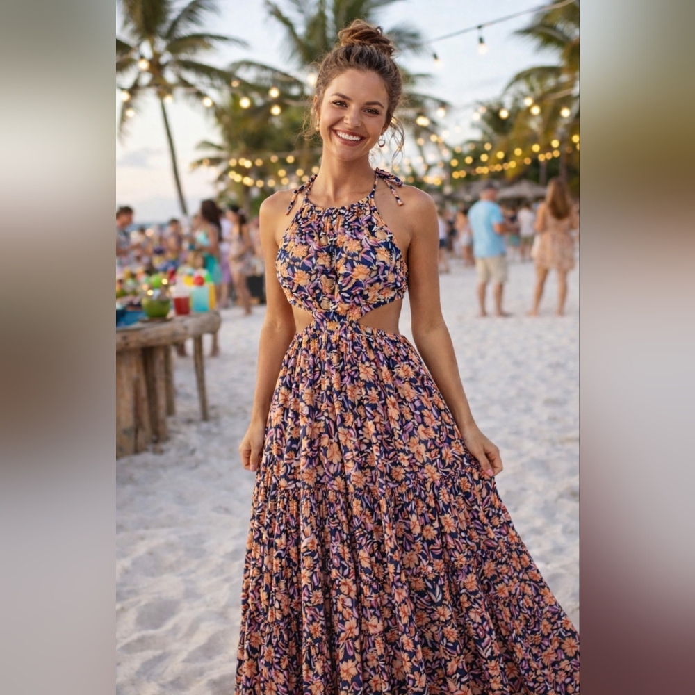 J.Crew Floral Tiered Maxi Dress Halter Tie Navy Size S Boho